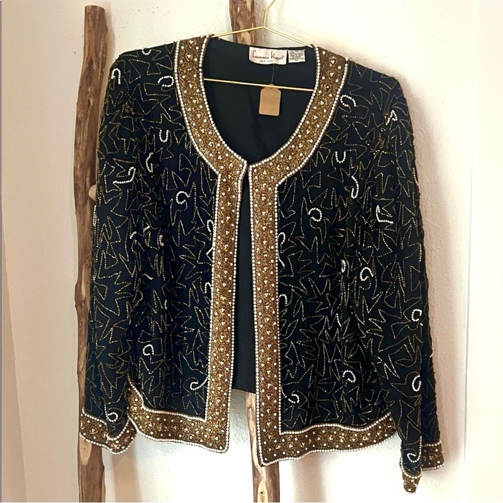 Laurence Kazar Vintage Black Gold & Pearl Beaded Embellished Jacket 2XL